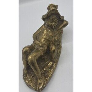 Vintage Brass Little Boy Sleeping W/Cat Shoes Off Figurine Door Stop 8.75”x4”